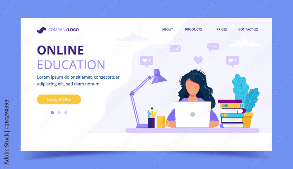 Canvas Prints online education landing page with a girl studying with computer. vector illustration in flat style