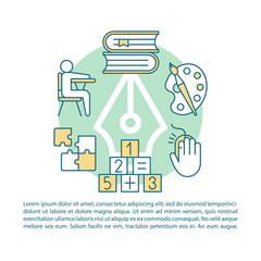 After school program article page vector template. Children entertainment and education. Brochure, magazine, booklet design element with linear icons and text. Print design. Concept illustrations