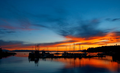 The Lund Harbor, Powell River, British Columbia, with a beautiful sunset and silhouette.