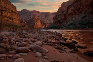 View of the Grand Canyon from a campsite on the Colorado River, Arizona. - 281295129