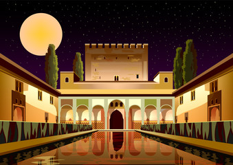 Courtyard of the Myrtles in La Alhambra Palace by night. Granada, Spain. Handmade drawing vector illustration. Retro travel poster. - obrazy, fototapety, plakaty