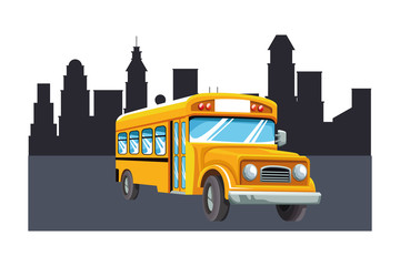 Fototapeta na wymiar School bus in the city cartoon isolated