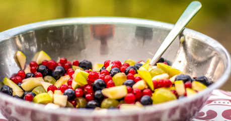Frischer selbstgemachter Obstsalat mit Weintraube Johannisbeeren Apfel und Blaubeeren