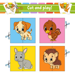 Cut and play. Flash cards. Color puzzle. Education developing worksheet. Activity page. Game for children. Funny character. Isolated vector illustration. Cartoon style.