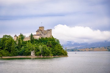 Medieval castle on lake Czorsztyn. Beautiful nature. Niedzica, Poland