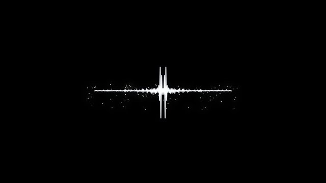Monochrome voice record, artificial intelligence, waveform equalizer and visualization of audio wave. Animation. White pulsating signal on black background.