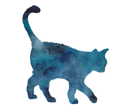 recommend clip art: watercolor hand painted cat silhouette with night sky galaxy effect isolated