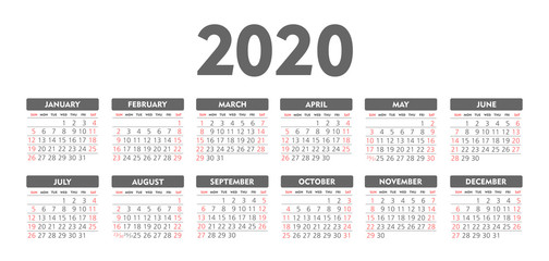 Vector calendar 2020 year. Week starts from Sunday