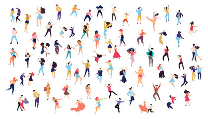 Crowd of young people dancing at club. Big set of characters having fun at party. Flat colorful vector illustration.