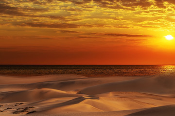 Fototapeta na wymiar Beautiful sand dunes, ocean and red sunset in the Namib desert