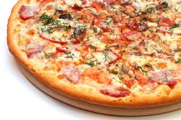 Fresh tomato, mushroom, cheese and sausage pizza on a round board isolated on white