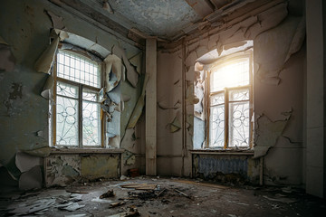 Fototapeta na wymiar Abandoned house interior, dirty room, rotten peeled walls