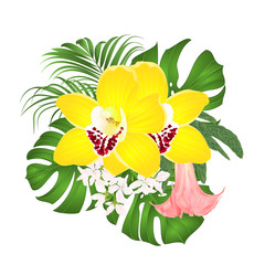 Bouquet with tropical flowers  floral arrangement, with beautiful yellow orchids cymbidium, palm,philodendron and Brugmansia  vintage vector illustration  editable hand draw