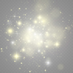 White sparks and golden stars glitter special light effect. Vector sparkles on transparent background. Christmas abstract pattern. Sparkling magic dust particles