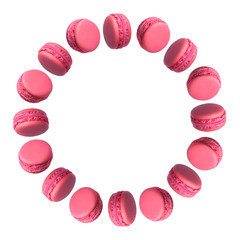 Round frame of pink french macarons cakes isolated on white background