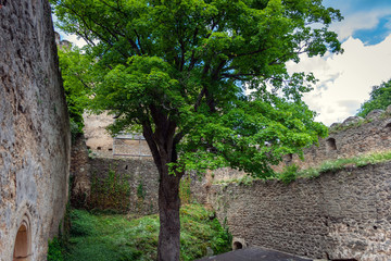 defensive walls and fortifications of a medieval castle.