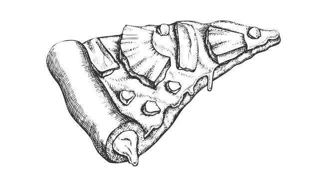 Vegetarian Italian Slice Pizza Hand Drawn Vector. Cooked Slice Cheese Pizza With Ingredients Pineapple And Corn Maize Concept. Designed In Retro Style Restaurant Food Monochrome Illustration