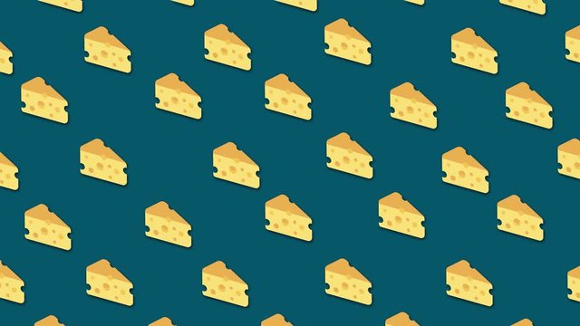 Many pieces of cheese moving on blue background, seamless loop. Animation. Yellow cartoon slices of cheese in horizontal rows, food concept.