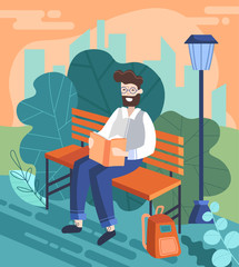 Businessman enjoying a Break from the office reading a book on a park bench outdoors, colorful cartoon vector illustration