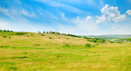 Fototapeta na wymiar Landscape with hilly field and blue sky. Wide photo.