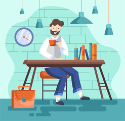 design of Businessman drinking tea or coffe during a Breaktime sitting at his desk in the office. Flat Vector Illustration.