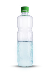 A plastic bottle full of half with mineral water