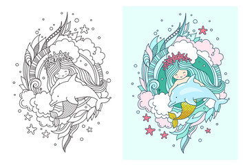 Hand drawn round composition of mermaid with dolphin surrounded seaweed and clouds. Doodle colored vector illustration for adult coloring book page, print, t-shirt, poster, notebook, postcard.