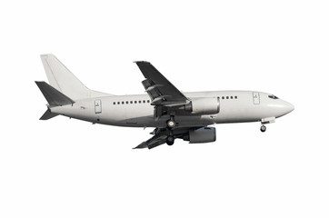 White air plane ready for landing flying isolated.