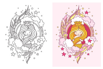 Gorgeous princess mermaid. Cute cartoon character. Vector illustration for coloring book, print, card, postcard, poster, notebook, shop, t-shirt, tattoo.