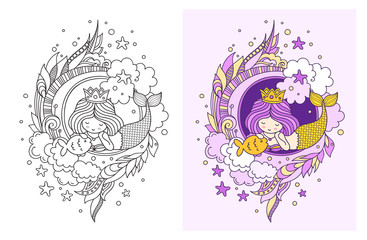 Lovely dreamy princess mermaid with fish.