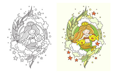 Princess mermaid with two little fish. Cute cartoon characters. Vector illustration for coloring book, print, card, postcard, poster, notebook, shop, t-shirt, tattoo.