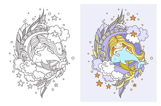 Little mermaid, floating with dolphin. Siren, surrounded by violet seaweed, clouds and starfish, fish. Vector illustration, print, poster, postcard.