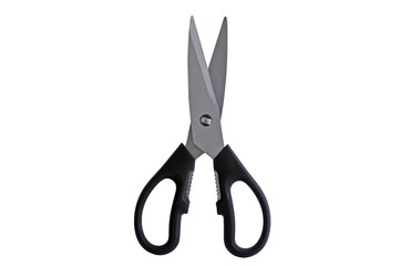 Metal kitchen scissors with black plastic handles on a white background.