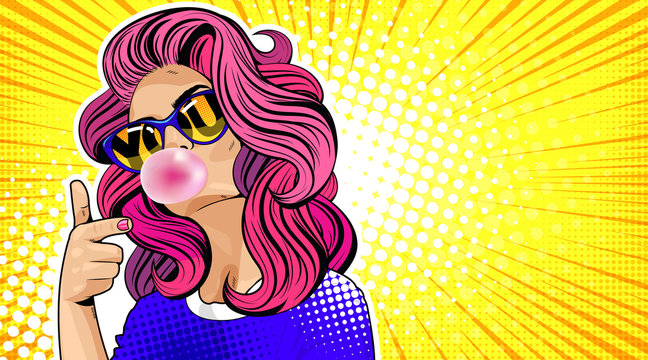 You. Sexy surprised girl with red and curly hair. Open mouth with pink chewing gum. Vector colorful yellow background illustration in pop art retro comic style. Woman with speech bubble. hand gesture.