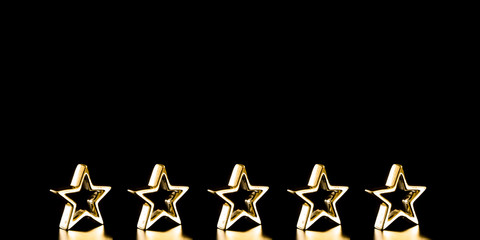 Composition of five golden stars on black background. 5 golden stars. Festive concept. 