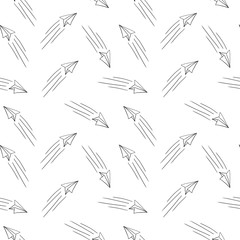 Seamless pattern with doodle paper planes. Simple hand drawn elements on white background. Vector illustration.
