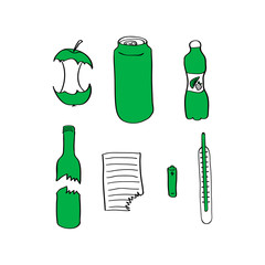 Set of doodle waste sorting elements isolated on white background. Hand drawn objects for zero waste poster. Vector illustration.