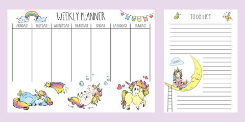 Weekly planner and to do list with cute hand drawn unicorns,adorable fairy tail  animals