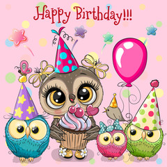 Obraz premium Cute Owls with balloon and bonnets