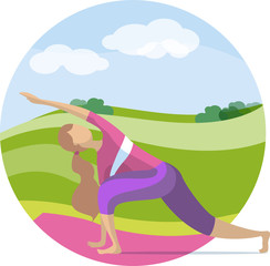 A girl in a purple suit doing yoga in the fresh air. Vector illustration in flat style.