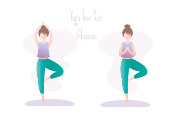 Happy girl in yoga pose,two variation of tree pose or Vrikshasana asana in hatha yoga