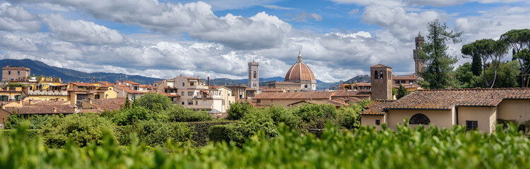 Fototapeta na wymiar Panoramic view of Florence city in Italy. You can see the Duomo of the Cathedral Santa Maria del Fiore and the Palazzo Vecchio tower. Can be used as a web banner.