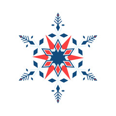 One florid snowflake in geometric style blue and red color is isolated on a white background.