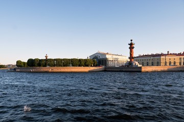  St. Petersburg, Russia, July 2019. View of the Spit of Vasilyevsky Island from the ship. 