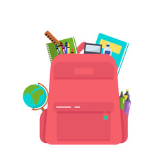 School backpack with stationery on white background. Vector illustration.