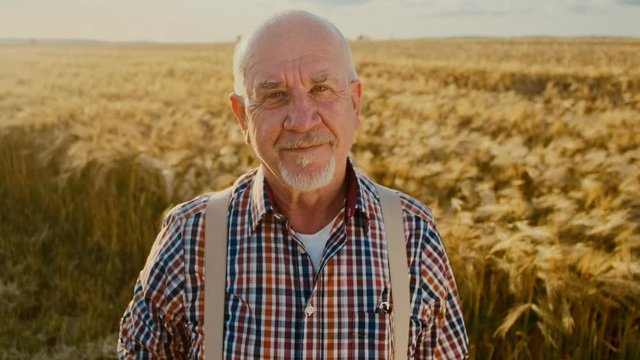 Portrait shot of the senior Caucasian farmer man in a plaid shirt taking off a hat and looking straight to the camera with a smile in the field.