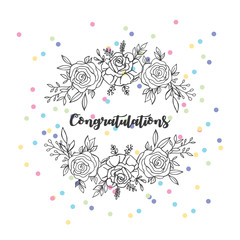 Hand Drawn Floral Round Frame. Rosses Frame with Congratulations and Confetti.