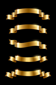 Golden luxury ribbons set. Vector design elements isolated on black background.