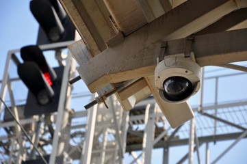 closed circuit camera Multi-angle CCTV system. on the background of railway traffic lights