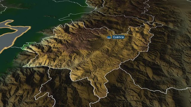 Azuay - province of Ecuador with its capital zoomed on the physical map of the globe. Animation 3D